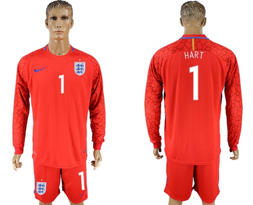 England #1 Hart Red Long Sleeves Goalkeeper Soccer Country Jersey